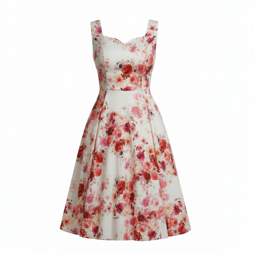 White Cream With Red And Pink Floral Print Strappy Cotton Swing Dress