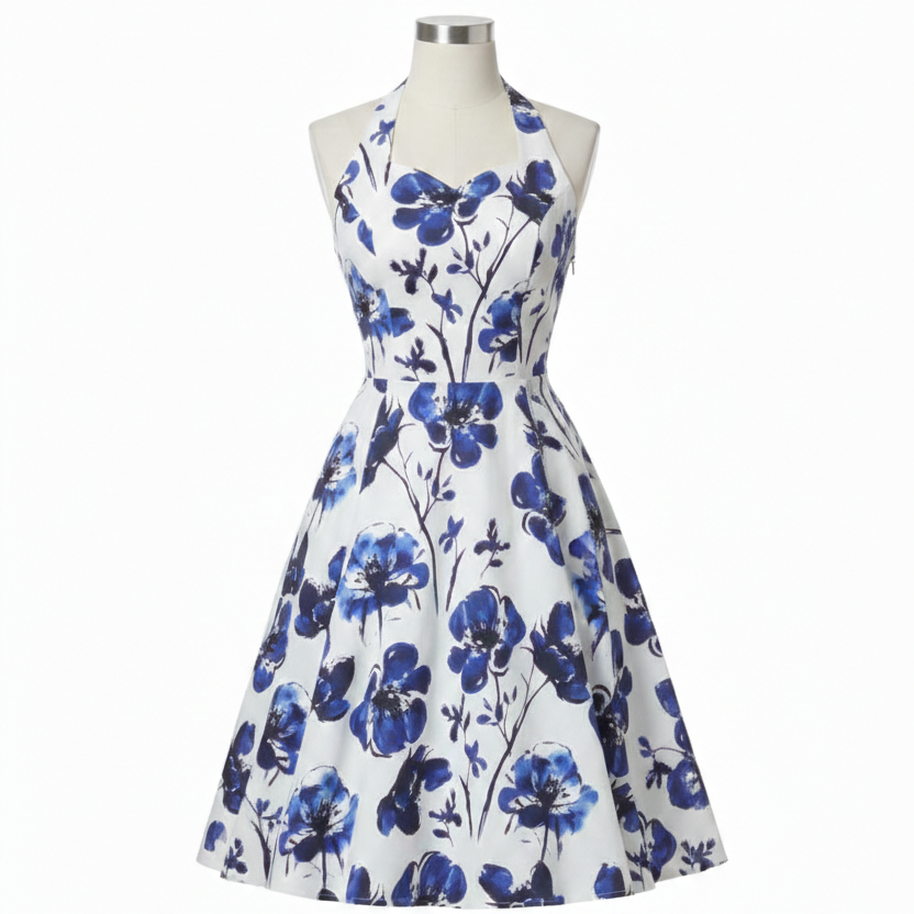 White Cream And Indigo Blue Floral Print Halterneck Cotton Swing Dress