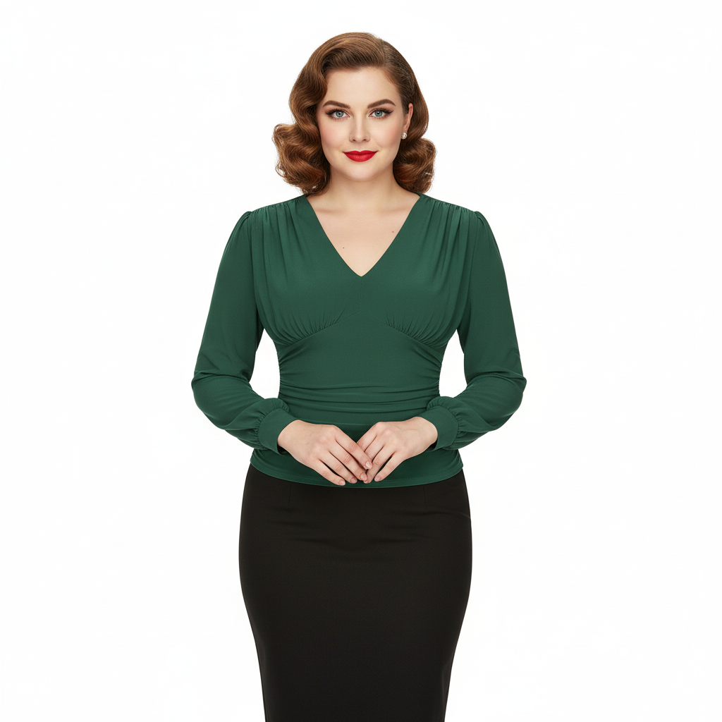Forest Green Long Sleeve Gathered V Neck Top