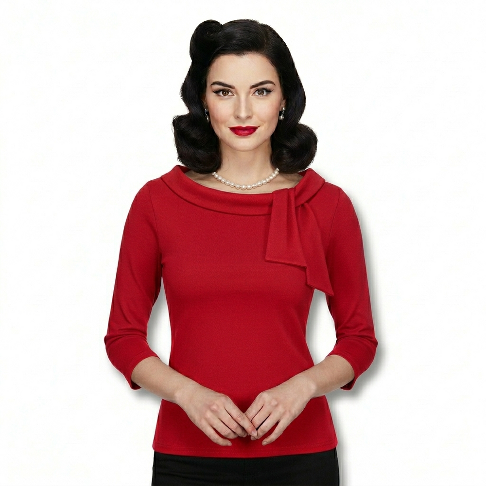 Vintage Red 3/4 Sleeve Tie Neck Top