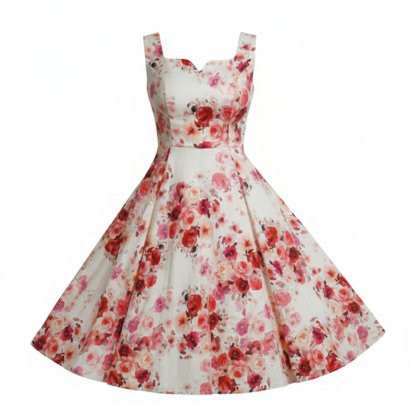 White Cream With Red And Pink Floral Print Strappy Cotton Swing Dress