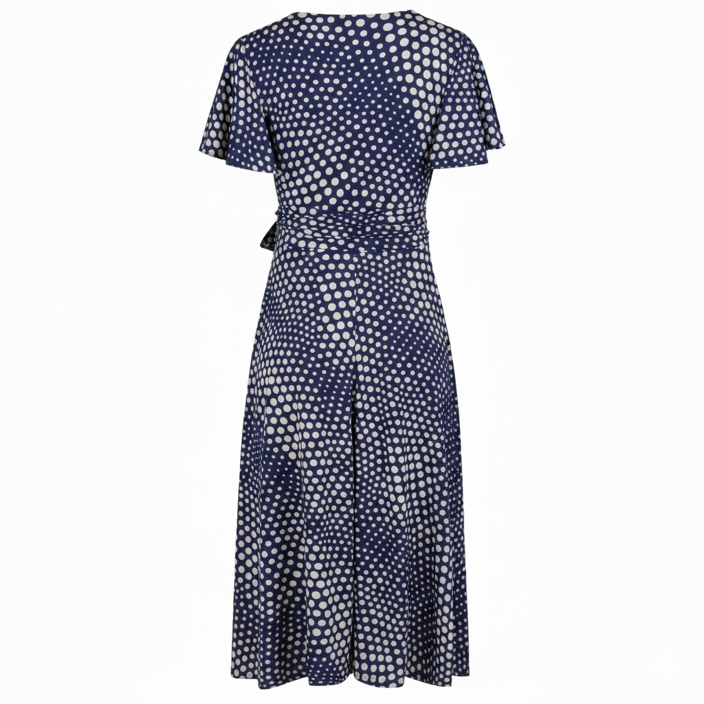 Navy Blue Off White Polka Dot Swirl Print Wrap Over Fit And Flare Swing Dress