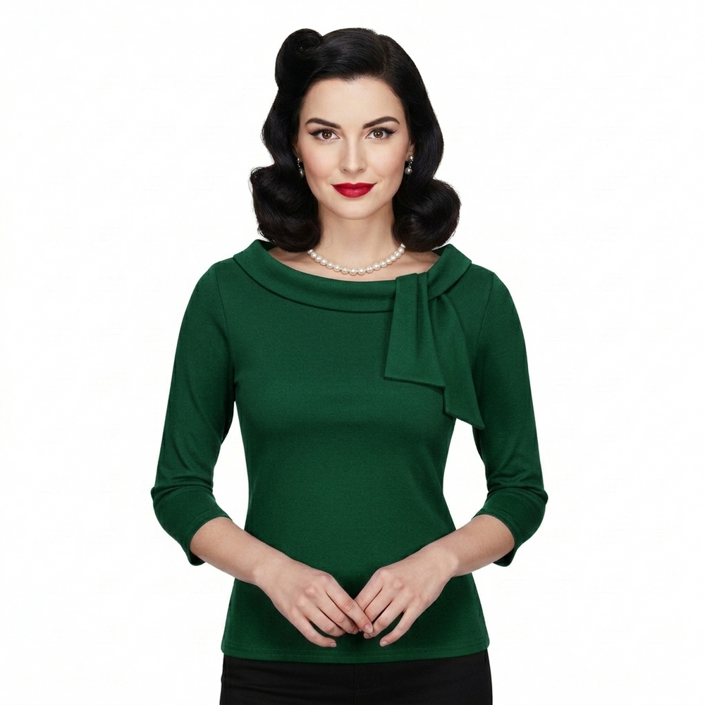 Vintage Emerald Green 3/4 Sleeve Tie Neck Top