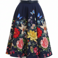 Navy Blue Floral Butterflies Rose Print Swing Skirt - Pretty Kitty Fashion