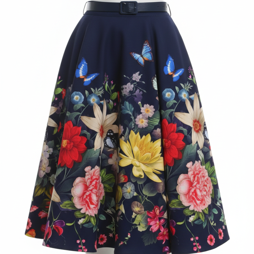 Navy Blue Floral Butterflies Rose Print Swing Skirt - Pretty Kitty Fashion