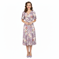 Lilac Floral Print Cap Sleeve V Neck Wrap Top Swing Dress - Pretty Kitty Fashion