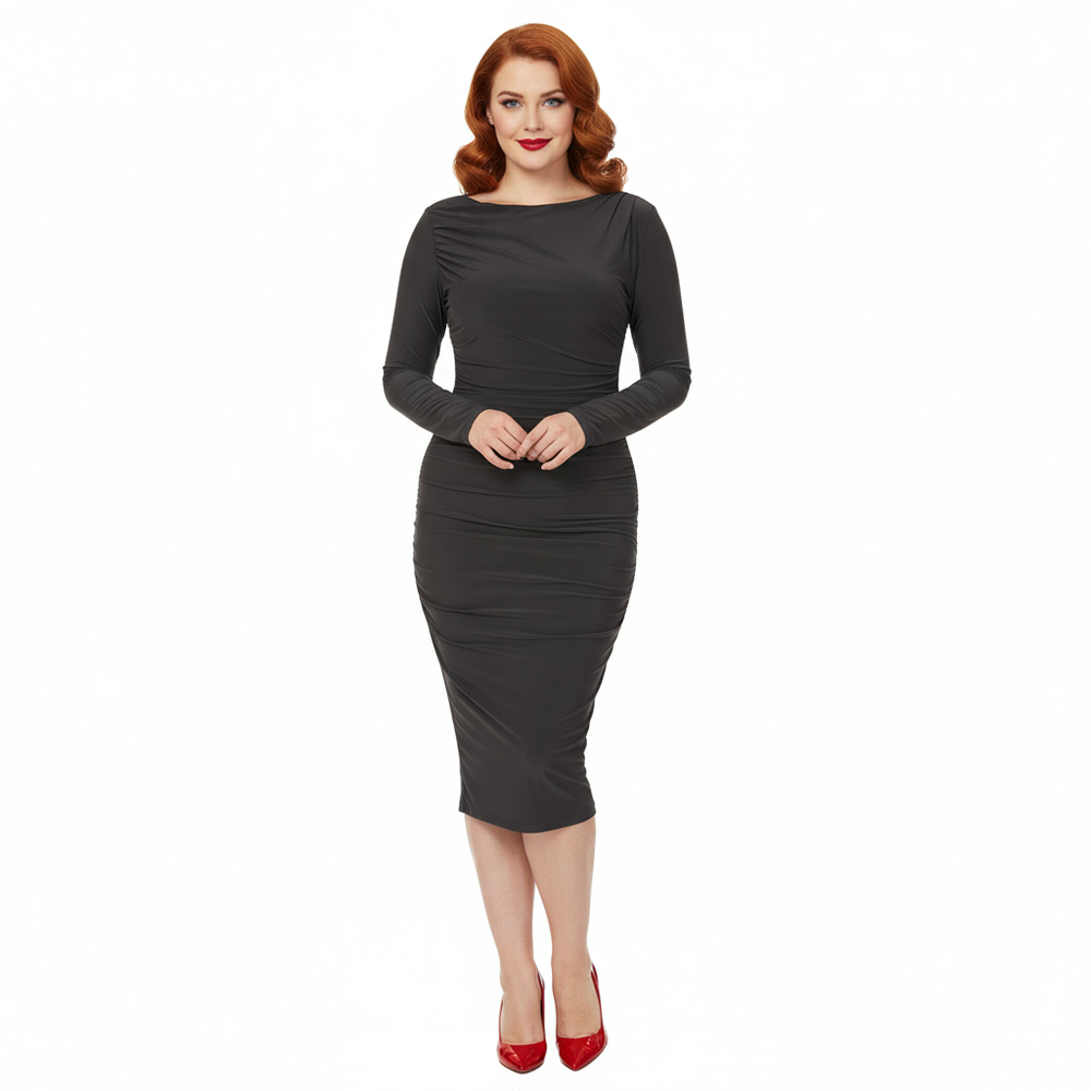 Black Pleated Long Sleeve Slinky Cocktail Wiggle Dress