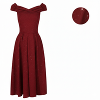 Wine Red Sparkly Glitter Crossover Bust Bardot Style 50s Swing Dress Pretty Kitty Fashion Wine Red Sparkly Glitter Crossover Bust Bardot Style 50s Swing Dress Pretty Kitty Fashion