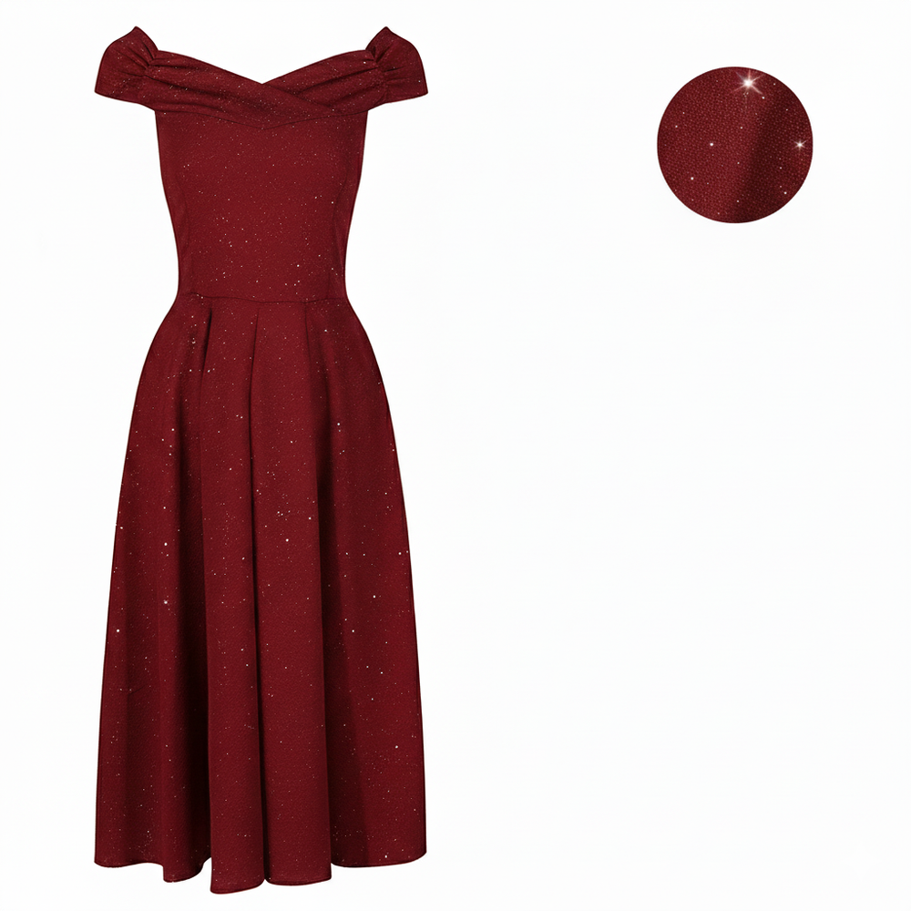 Wine Red Sparkly Glitter Crossover Bust Bardot Style 50s Swing Dress