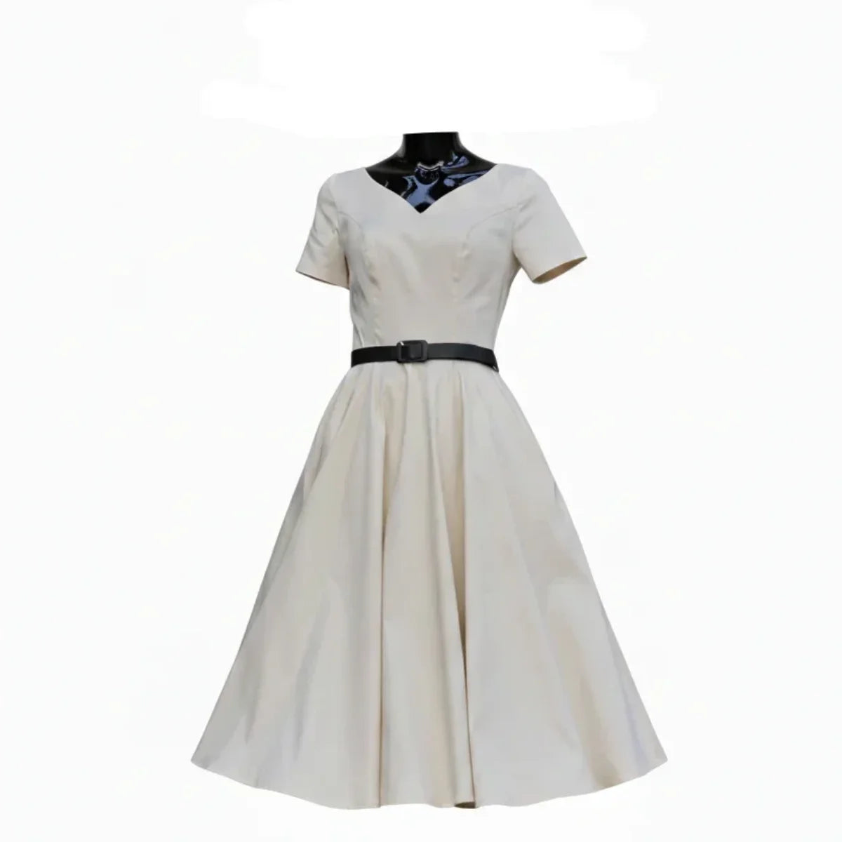 Vintage Ivory V Neck Belted Short Sleeve Swing Dress