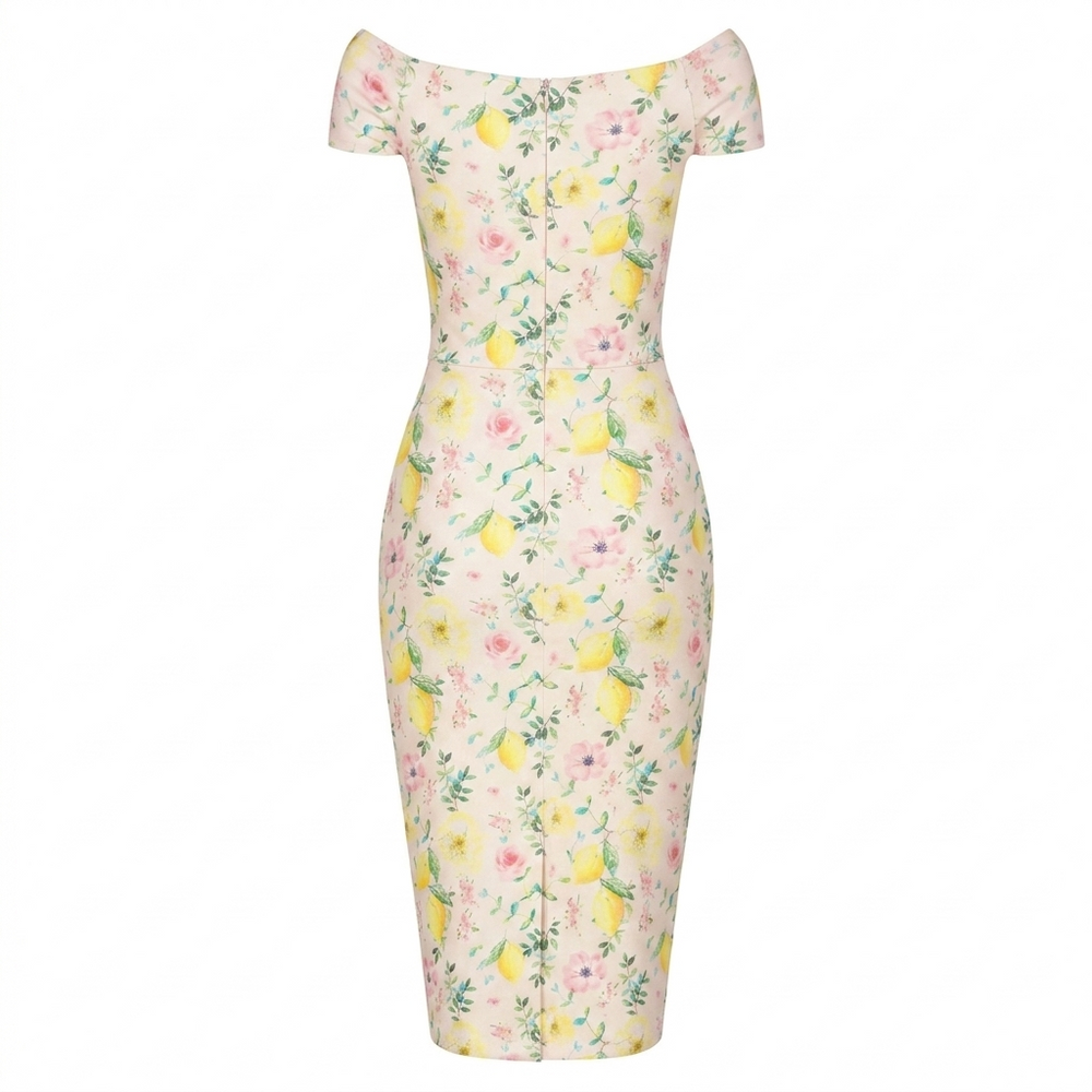 Vintage Pink Lemon Floral Wiggle Dress – 1950s Off Shoulder Bardot Pencil Dress
