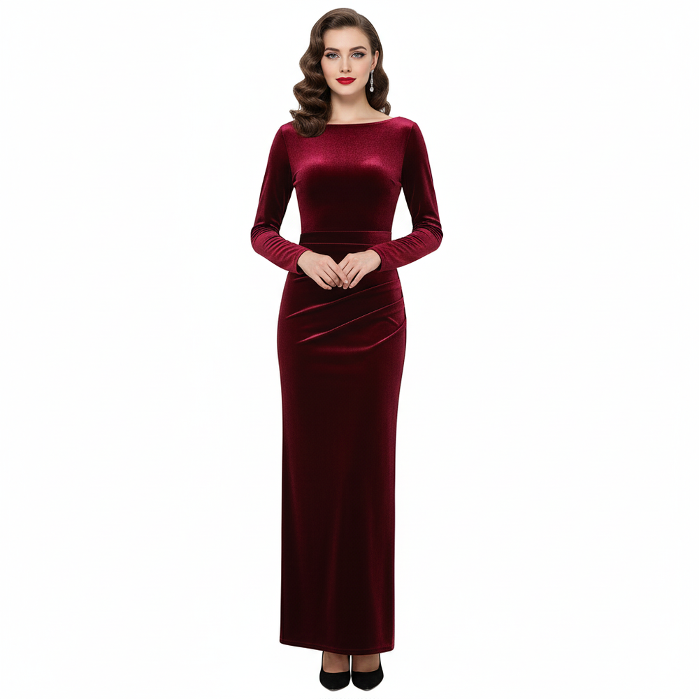 Claret Wine Red Long Sleeve Boatneck Bodycon Velour Maxi Dress