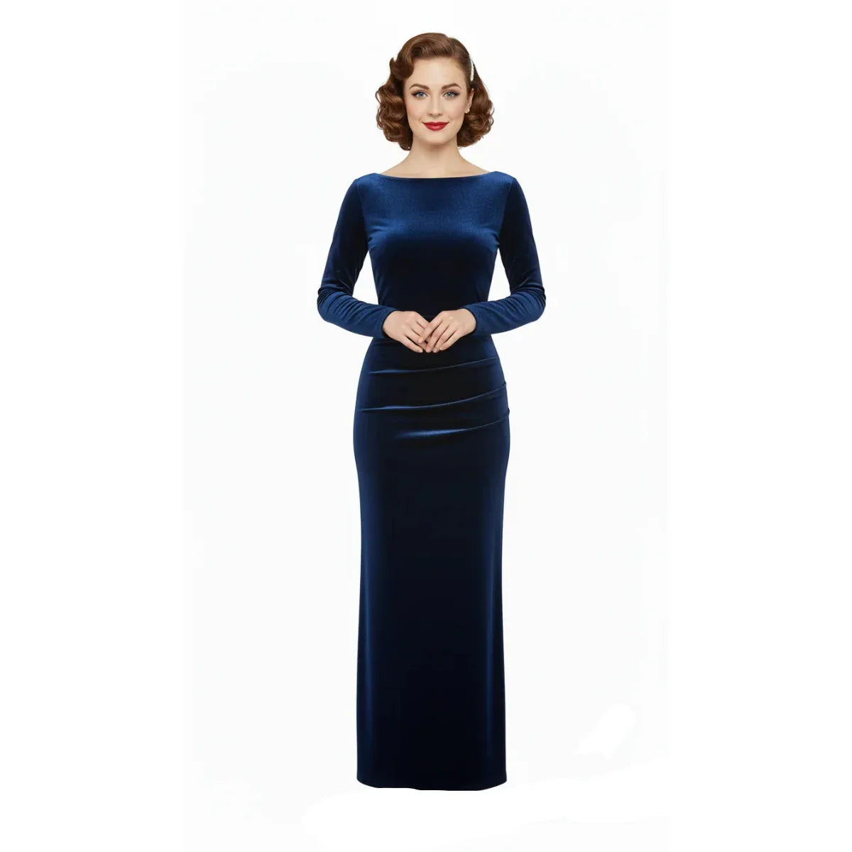Navy Blue Long Sleeve Boatneck bodycon Velour Maxi Dress
