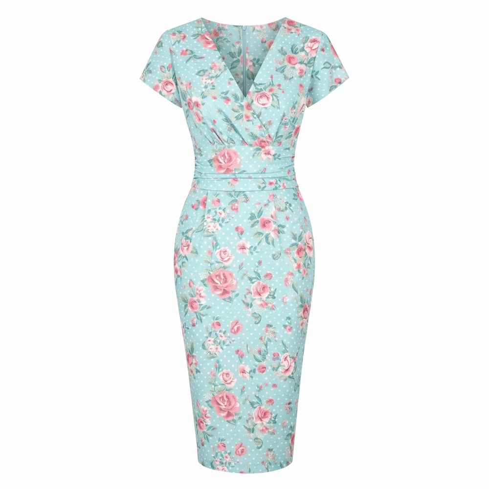 Vintage Blue Floral Polka Dot Wiggle Dress – 1950s Style V Neck Ruched Waist Wiggle Dress