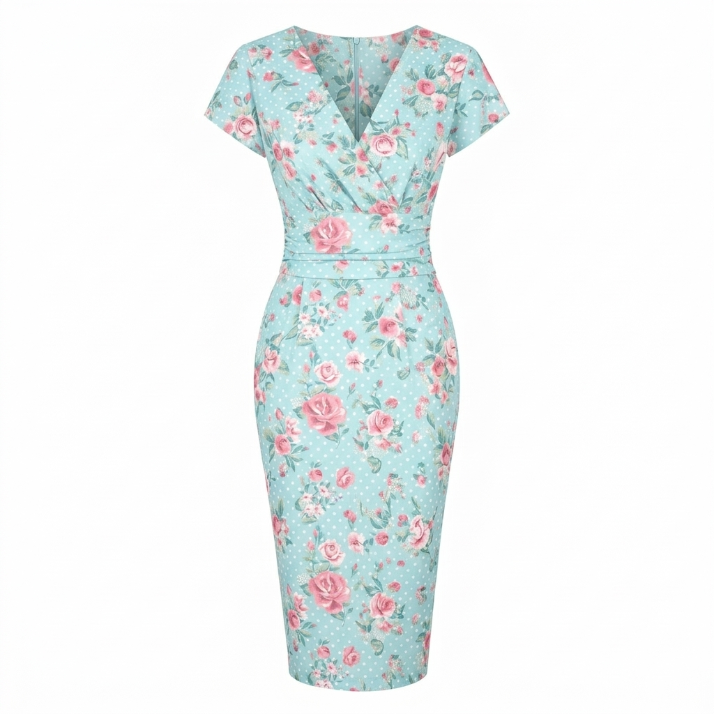 Vintage Blue Floral Polka Dot Wiggle Dress – 1950s Style V Neck Ruched Waist Wiggle Dress