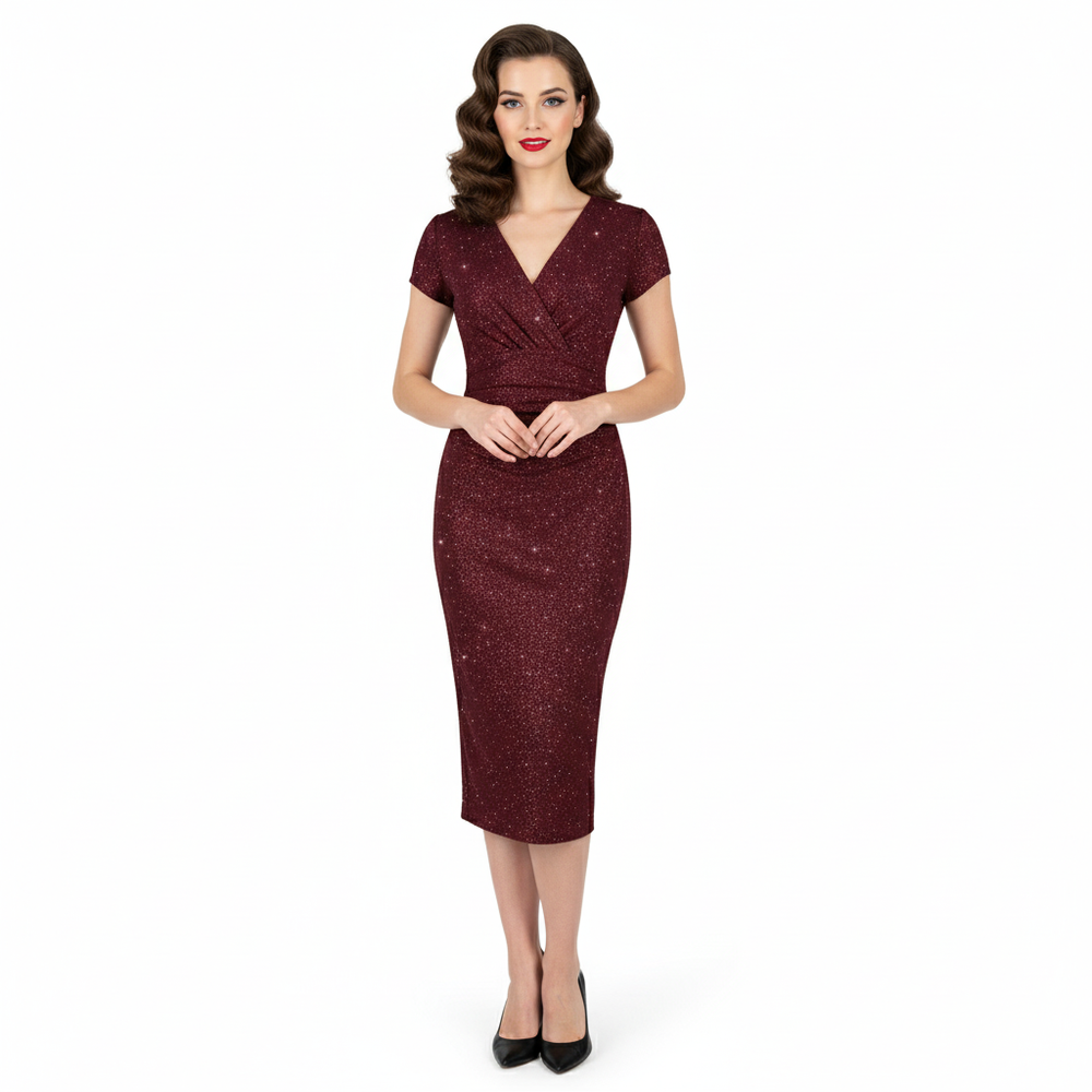 Wine Burgundy Glitter Sparkle Deep V Cap Sleeve Bodycon Ruched Waist Wiggle Dress