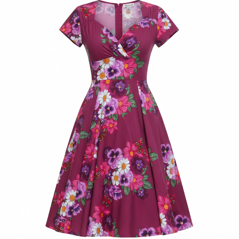 Magenta Multi Floral Blossom Rose Short Sleeve Cotton Swing Dress - Pretty Kitty Fashion