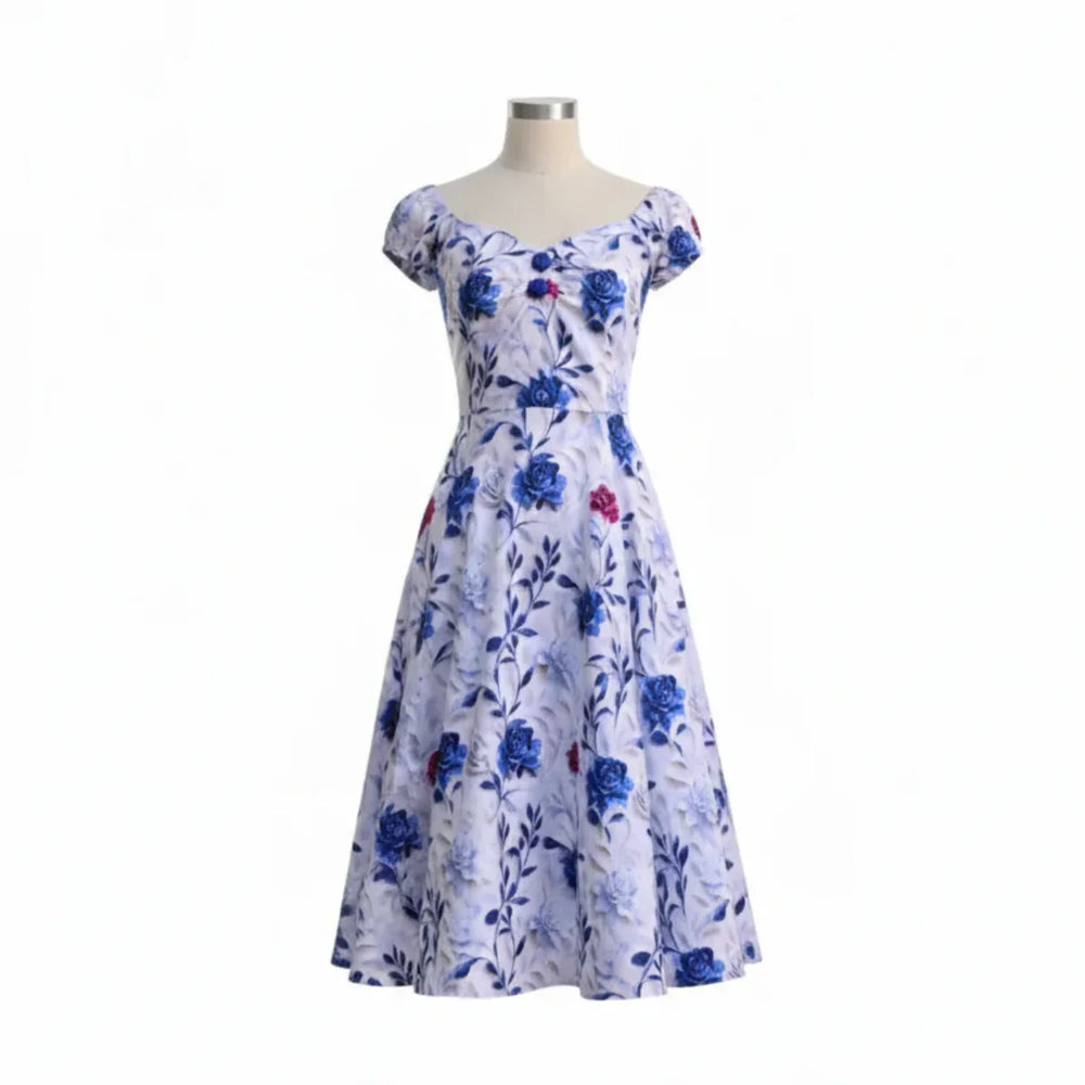 White And Blue Red Rose Cap Sleeve Cotton Swing Dress - Pretty Kitty Fashion