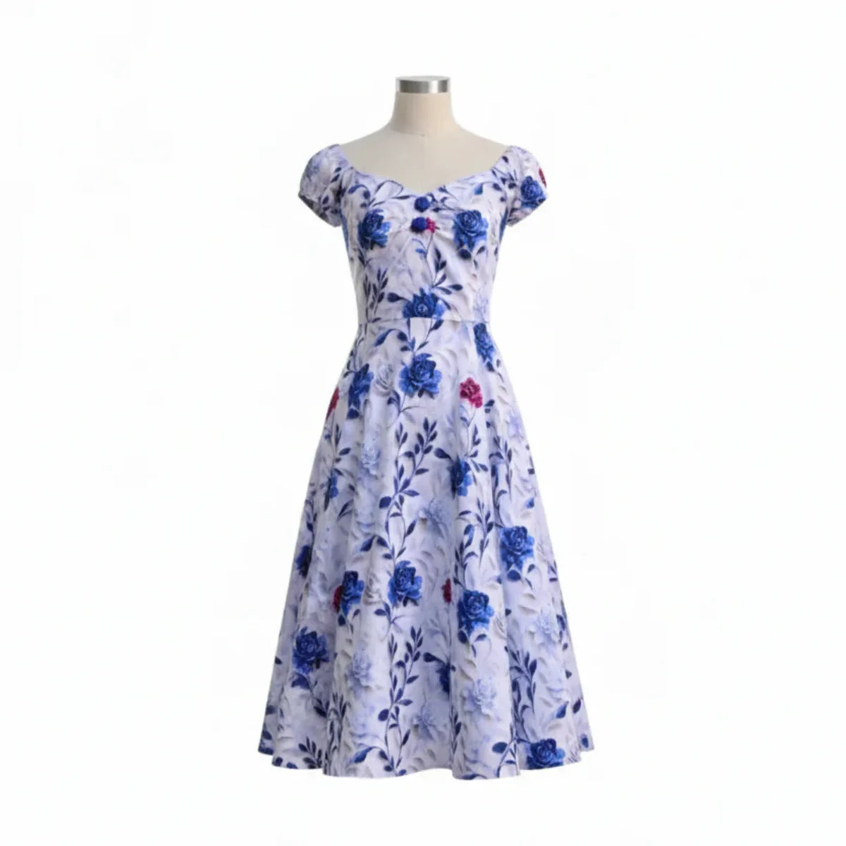 White And Blue Red Rose Cap Sleeve Cotton Swing Dress - Pretty Kitty Fashion
