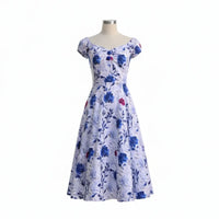 White And Blue Red Rose Cap Sleeve Cotton Swing Dress - Pretty Kitty Fashion
