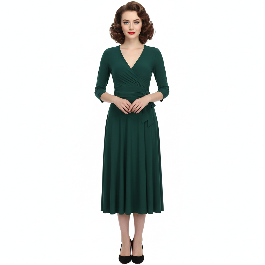 Forest Green 3/4 Sleeve Wrap Top Vintage Swing Dress