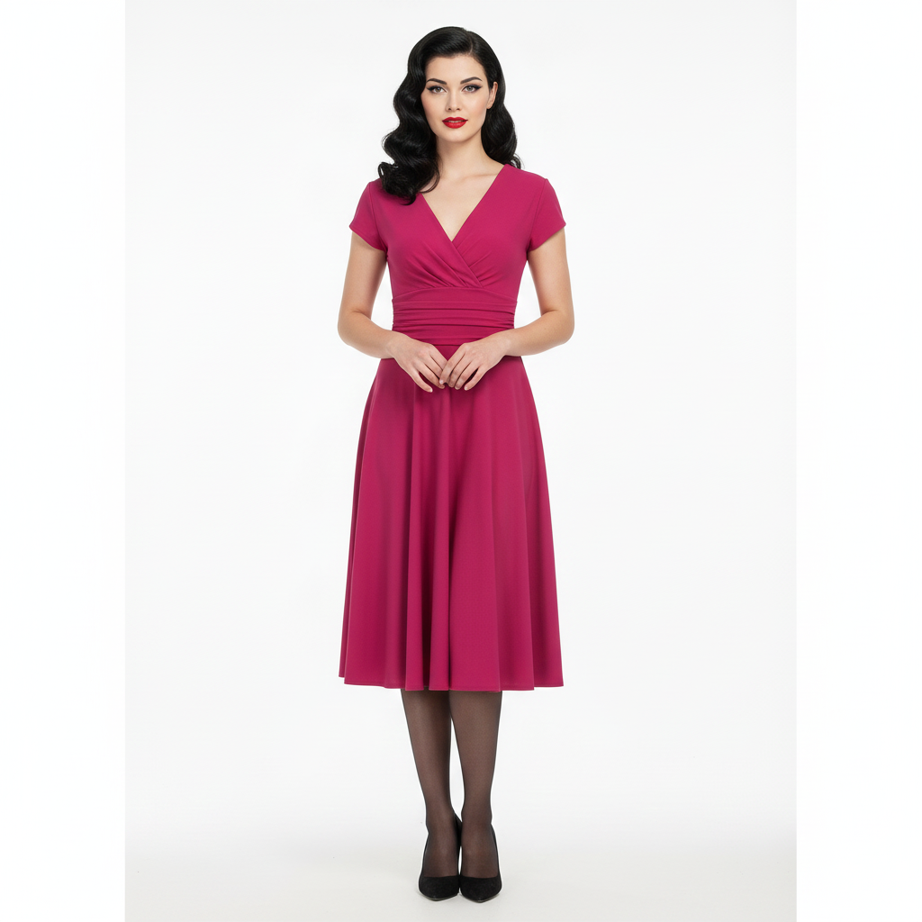 Amaranth Deep V Neck A Line Vintage Ruched Waist Capped Sleeve Swing Bridesmaid Midi Dress