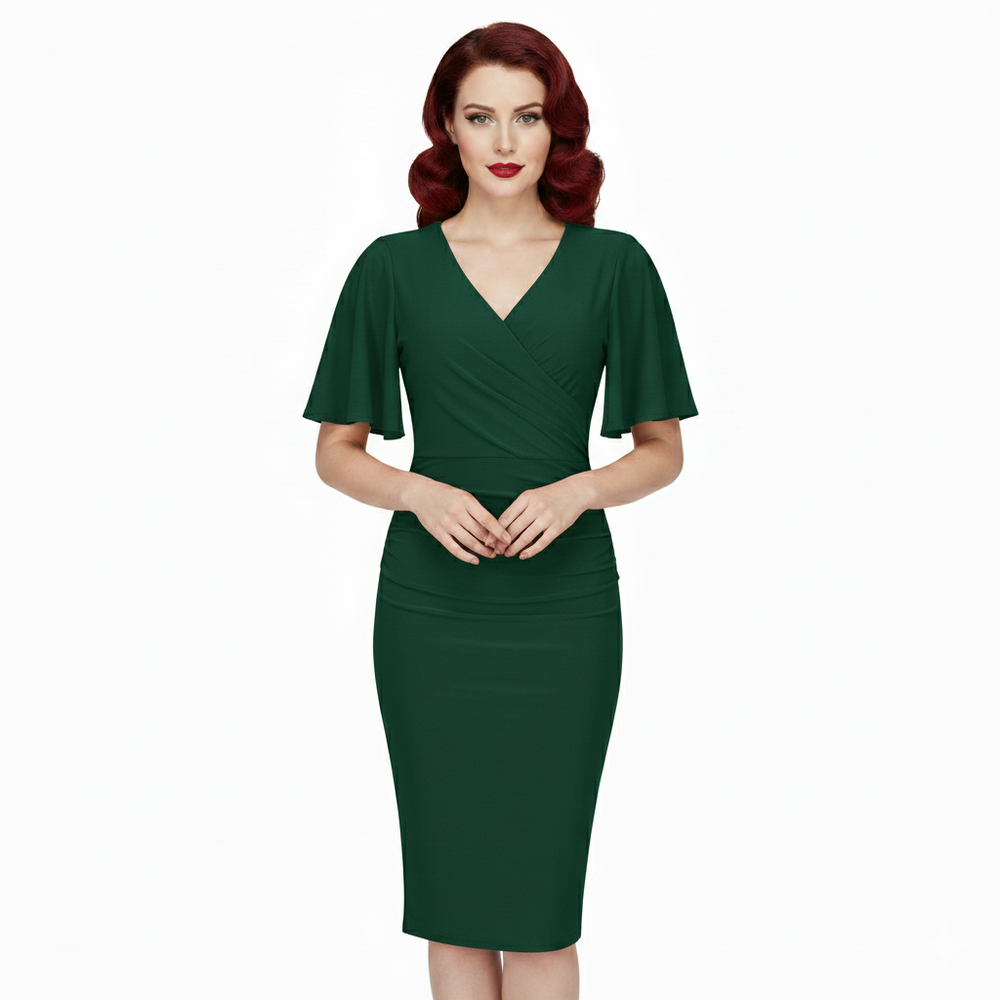Forest Green Butterfly Sleeve Slinky Cocktail Wiggle Dress