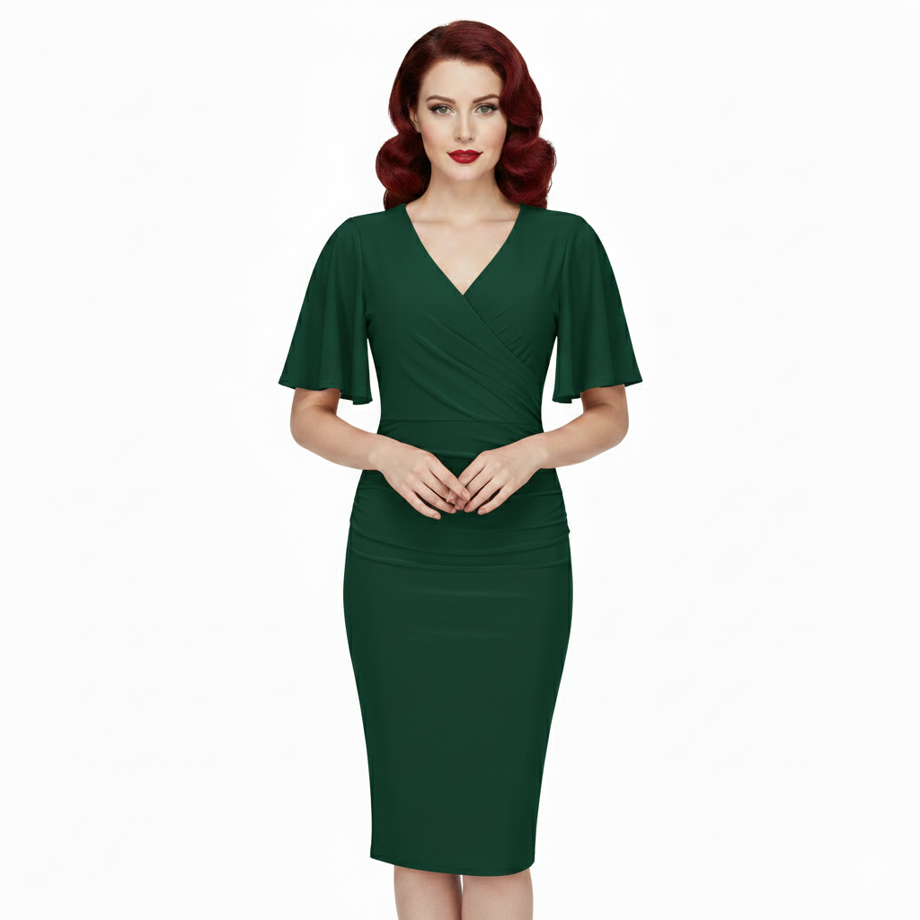 Forest Green Butterfly Sleeve Slinky Cocktail Wiggle Dress