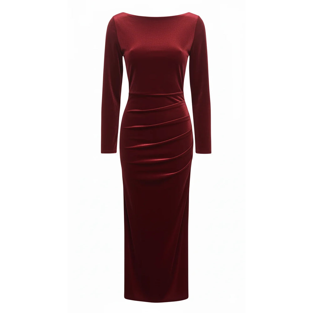 Claret Wine Red Long Sleeve Boatneck bodycon Velour Maxi Dress