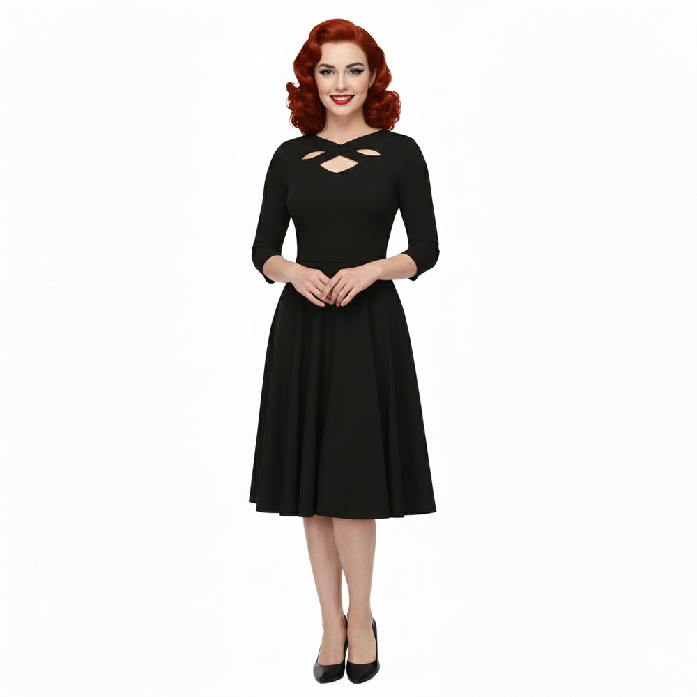 Black Cut Out Neckline 3/4 Sleeve 50s Swing Dress