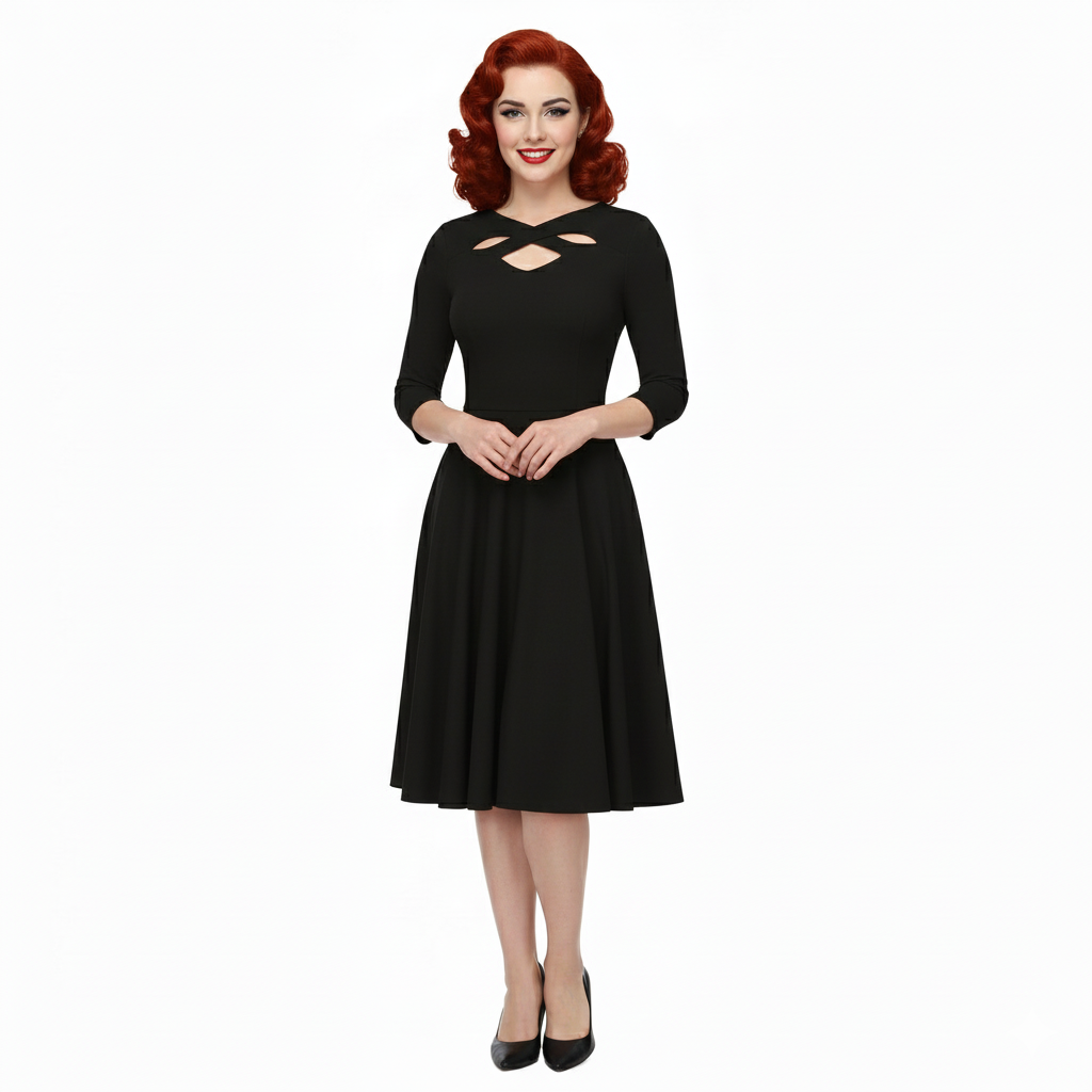Black Cut Out Neckline 3/4 Sleeve 50s Swing Dress
