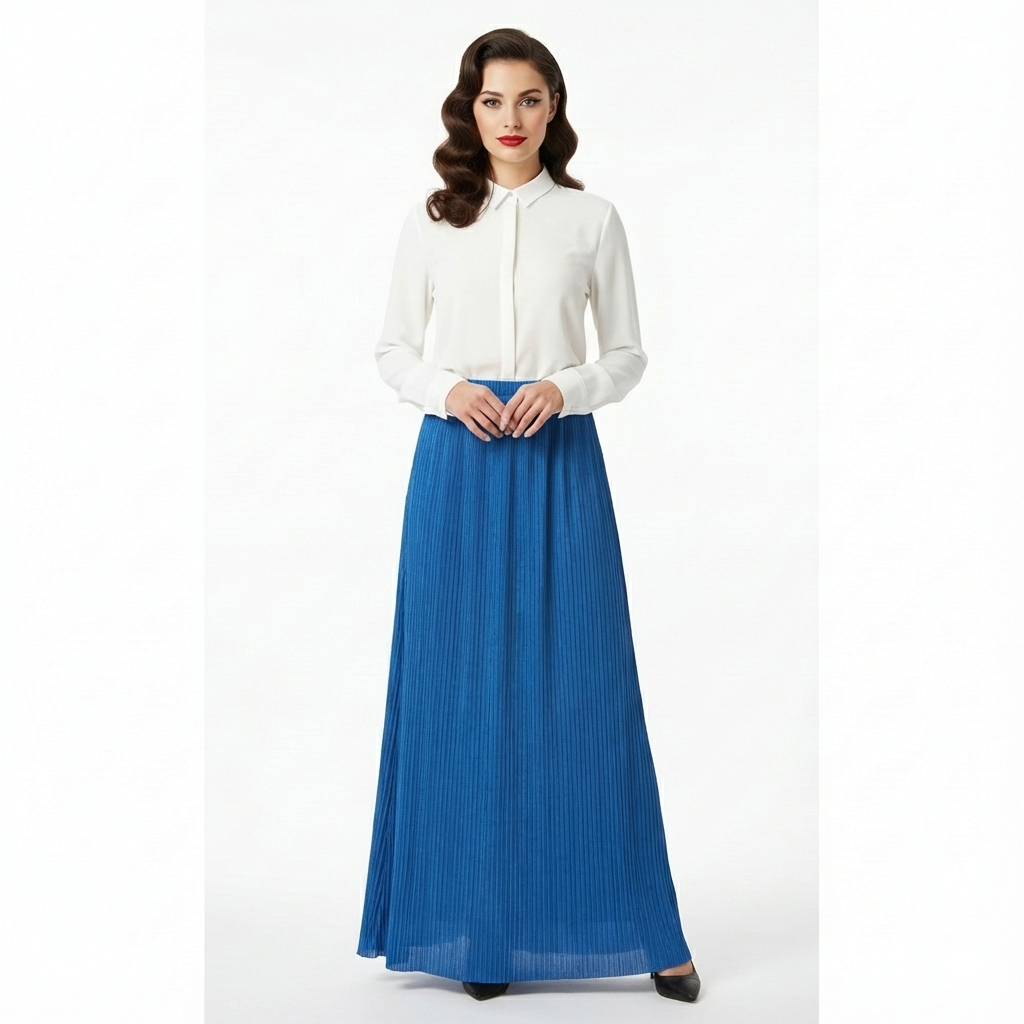 Royal Blue Lined Pleated Maxi Skirt With Elasticated Waist