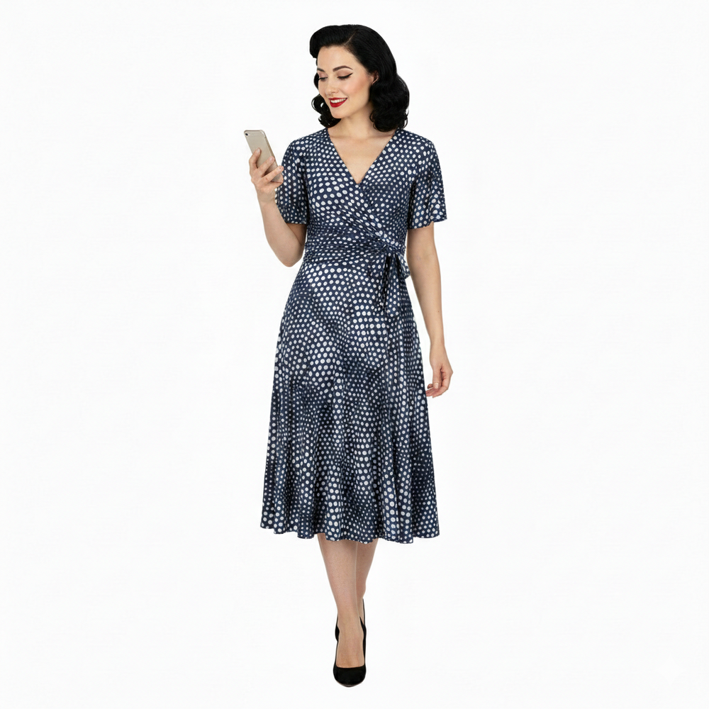 Navy Blue Off White Polka Dot Swirl Print Wrap Over Fit And Flare Swing Dress