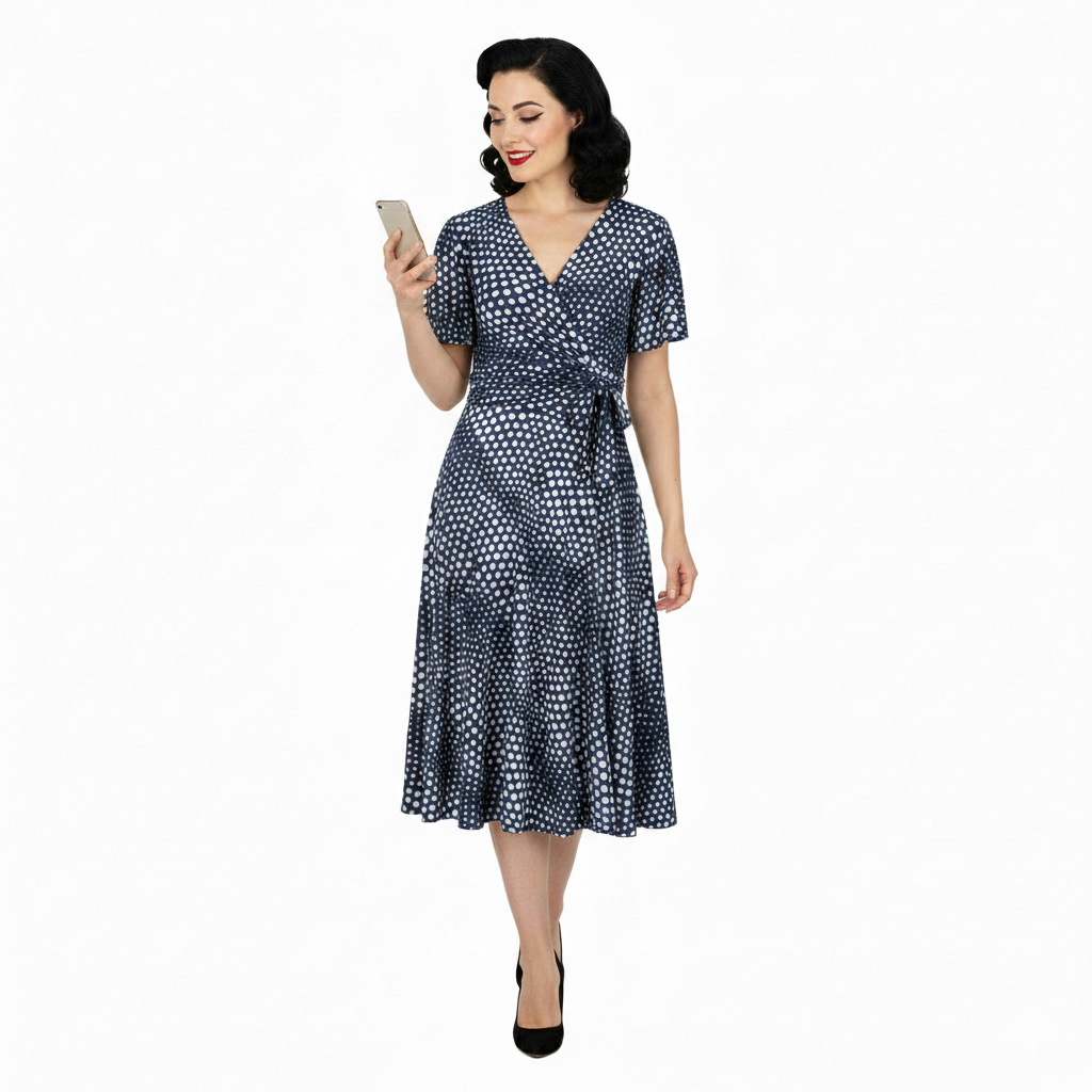 Navy Blue Off White Polka Dot Swirl Print Wrap Over Fit And Flare Swing Dress