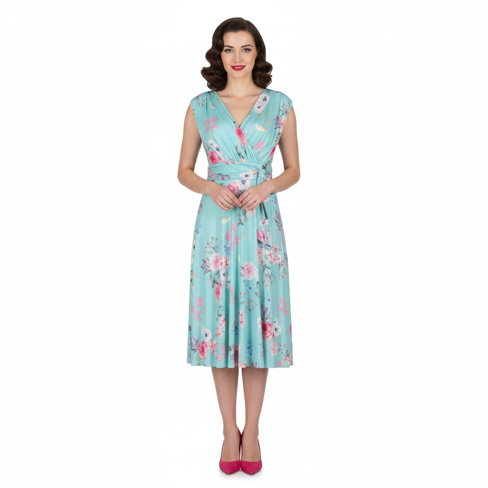 Aqua Mint Floral Print V Neck Crossover Top Empire Waist Swing Dress