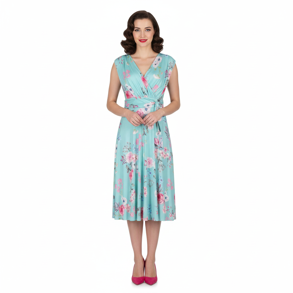 Aqua Mint Floral Print V Neck Crossover Top Empire Waist Swing Dress