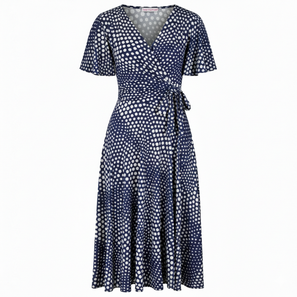 Navy Blue Off White Polka Dot Swirl Print Wrap Over Fit And Flare Swing Dress