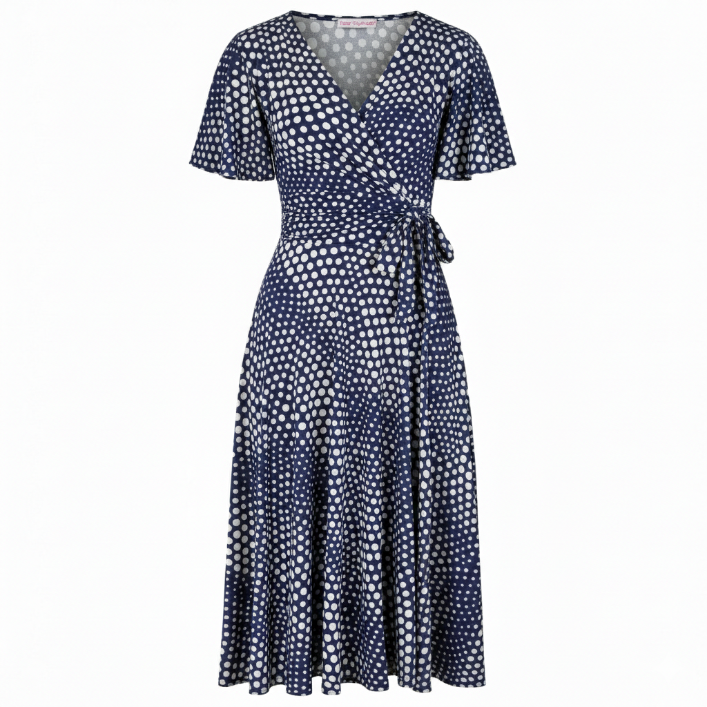 Navy Blue Off White Polka Dot Swirl Print Wrap Over Fit And Flare Swing Dress