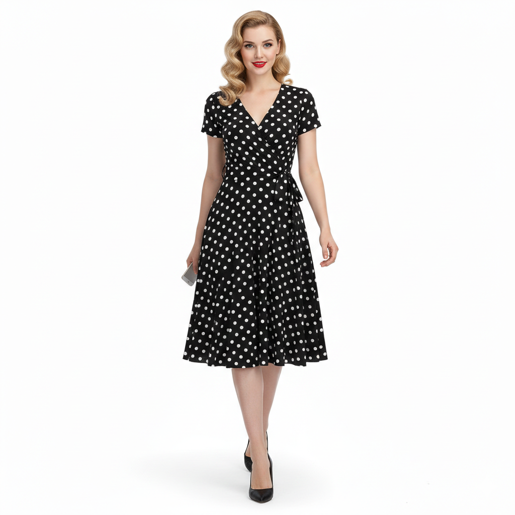 Black Polka Dot Cap Sleeve Fit And Flare Midi Dress