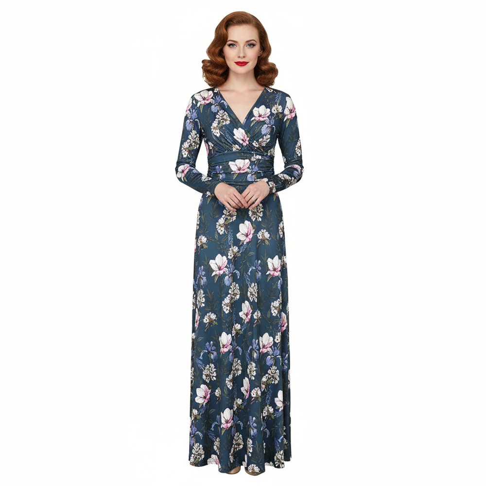 Navy Floral Long Sleeve Maxi Dress