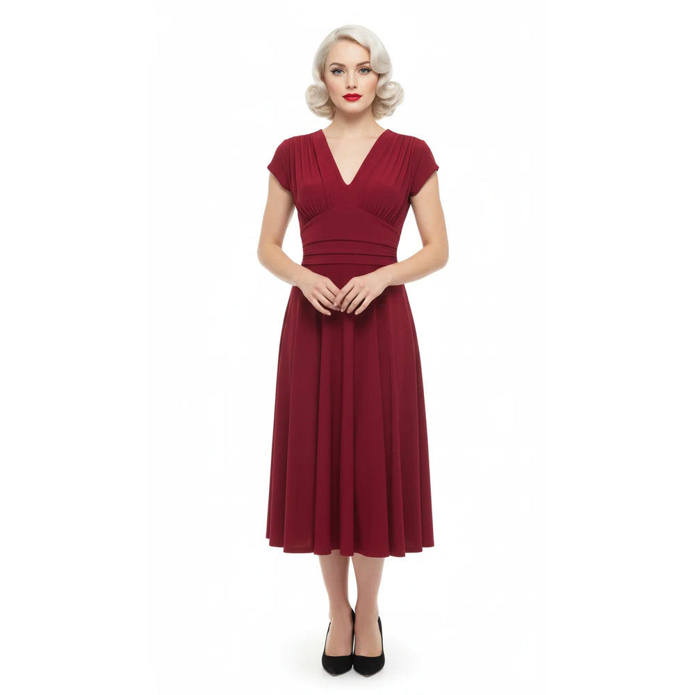 Red Cap Sleeve Ruched Deep V Neck Dress