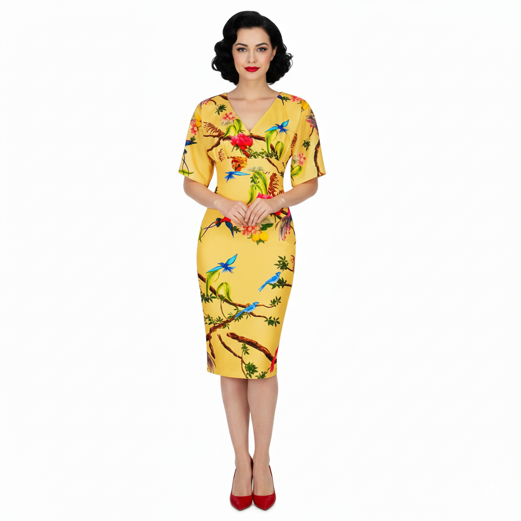 Honey Yellow Floral Bird Half Batwing Sleeve Crossover Top Pencil Dress