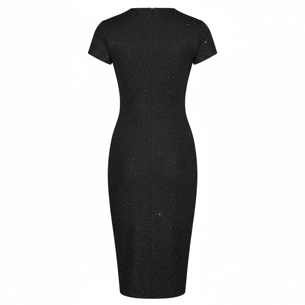 Black Glitter Sparkle Deep V Cap Sleeve Bodycon Ruched Waist Wiggle Dress