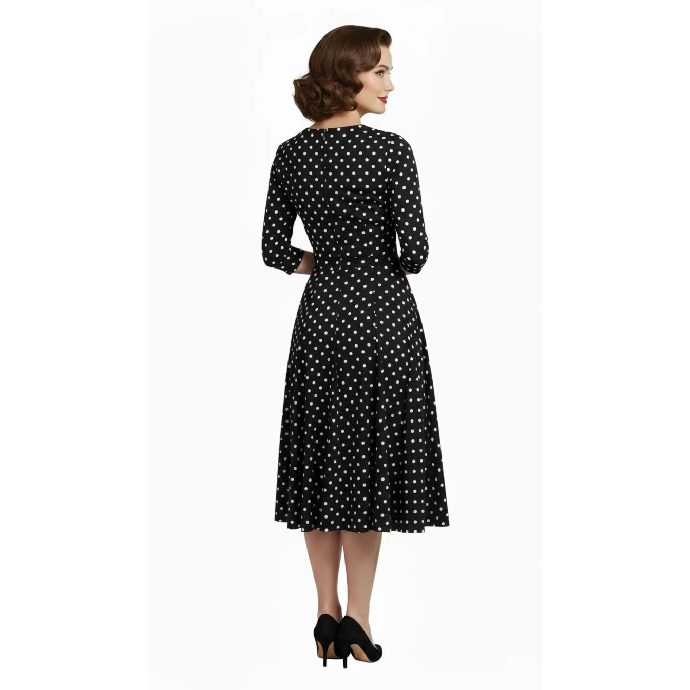 Black And White Polka Dot 3/4 Sleeve Fit And Flare Midi Dress