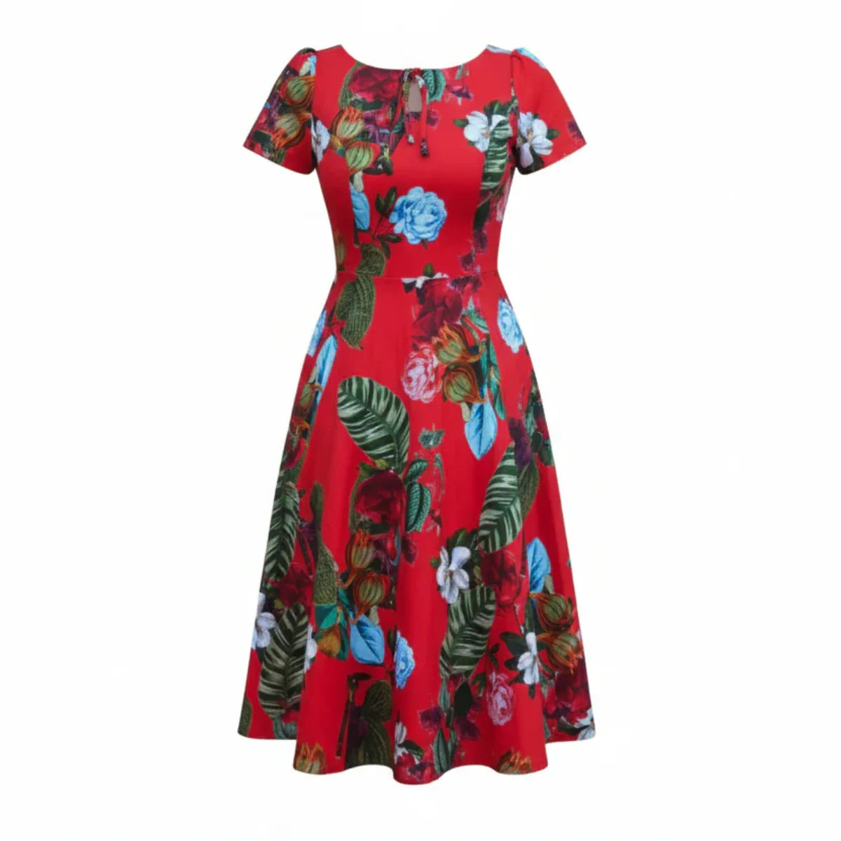 Red Tropical Blossom Rose Cap Sleeve Cotton Swing Dress - Pretty Kitty Fashion