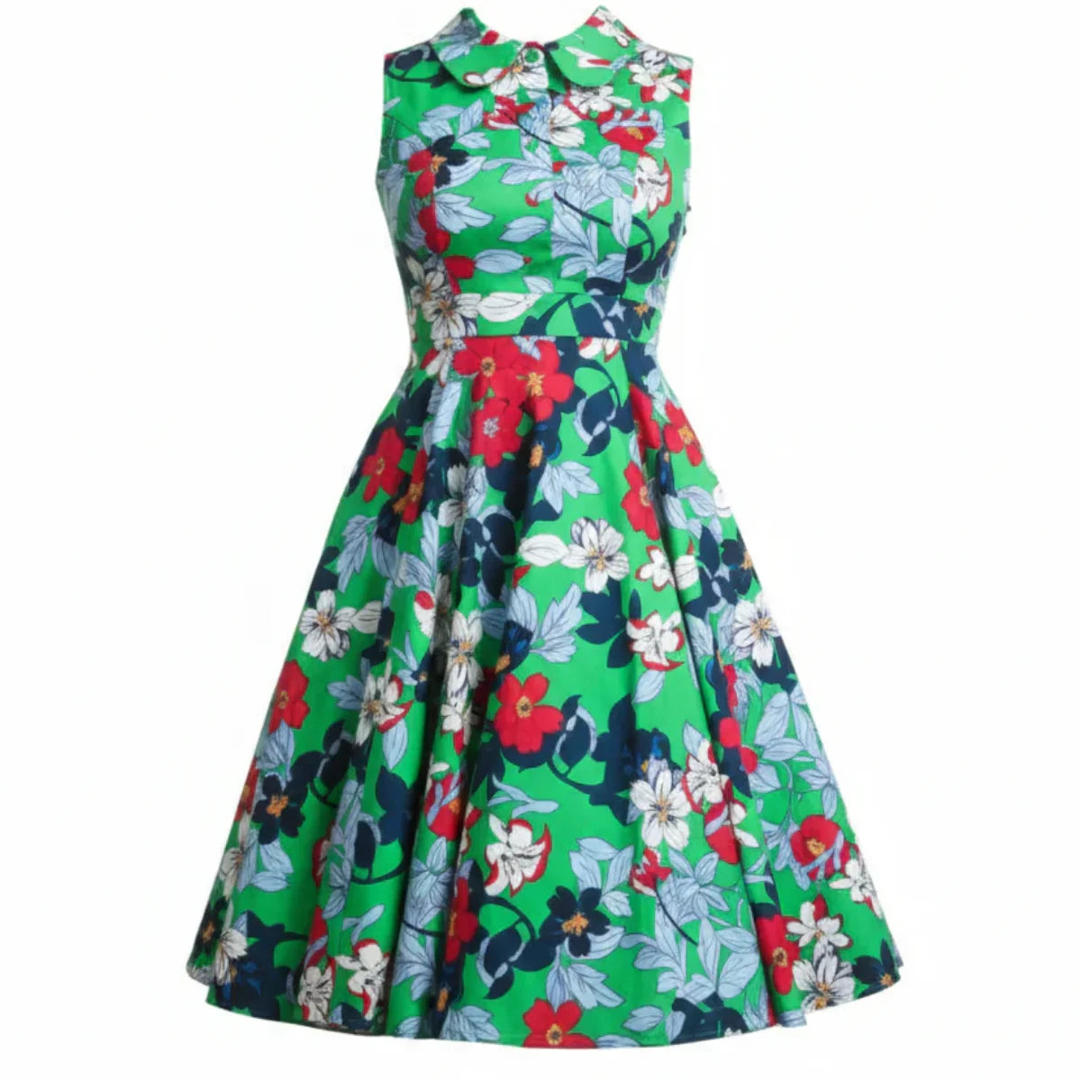 Emerald Green Sleeveless Collared Summer Floral Tea dress