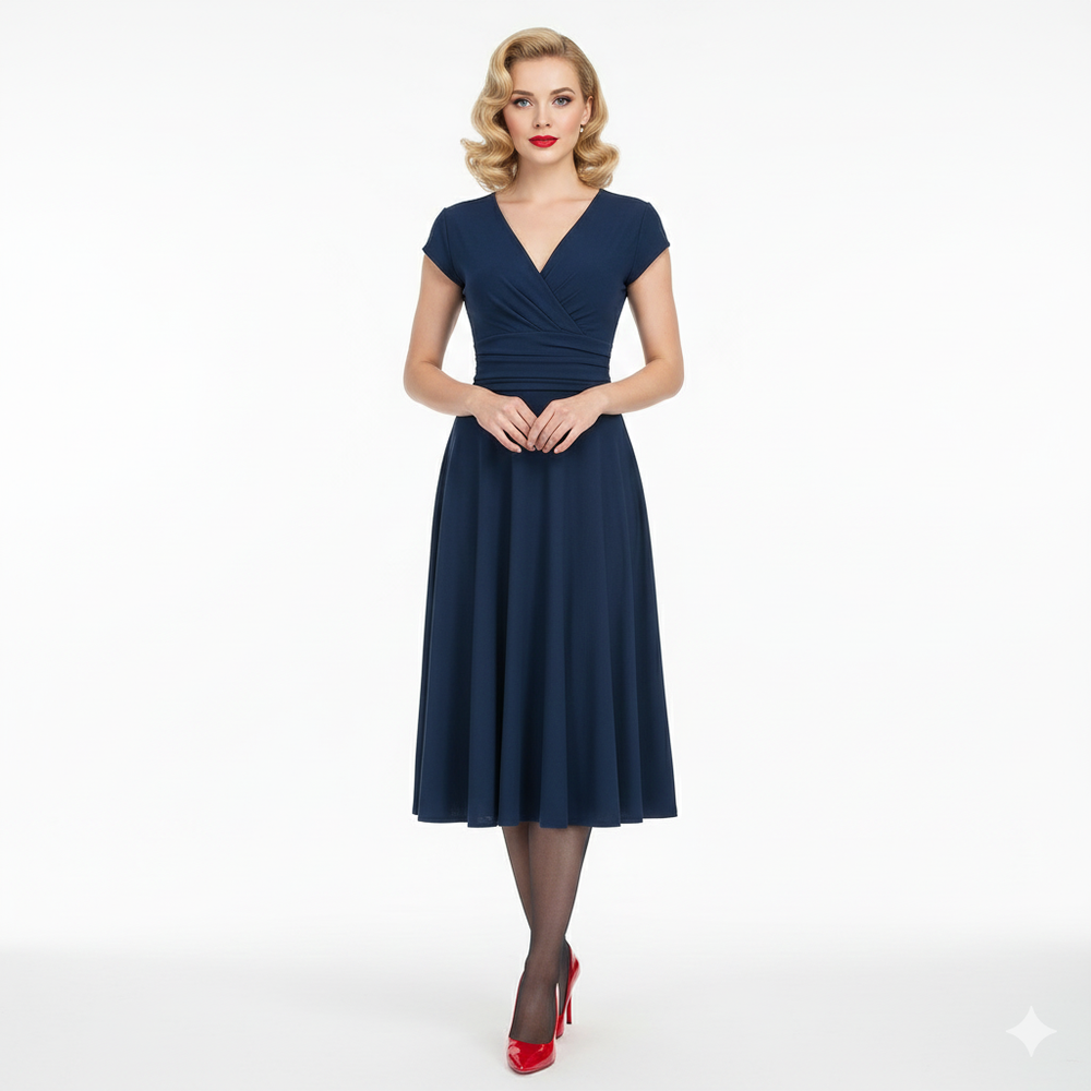 Navy Blue Deep V Neck A Line Vintage Ruched Waist Capped Sleeve Swing Bridesmaid Midi Dress