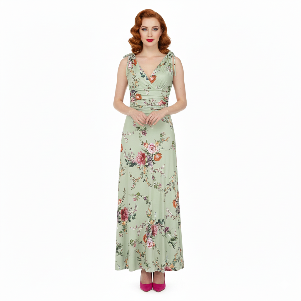Sage Green Floral Print Slinky Summer Maxi Dress