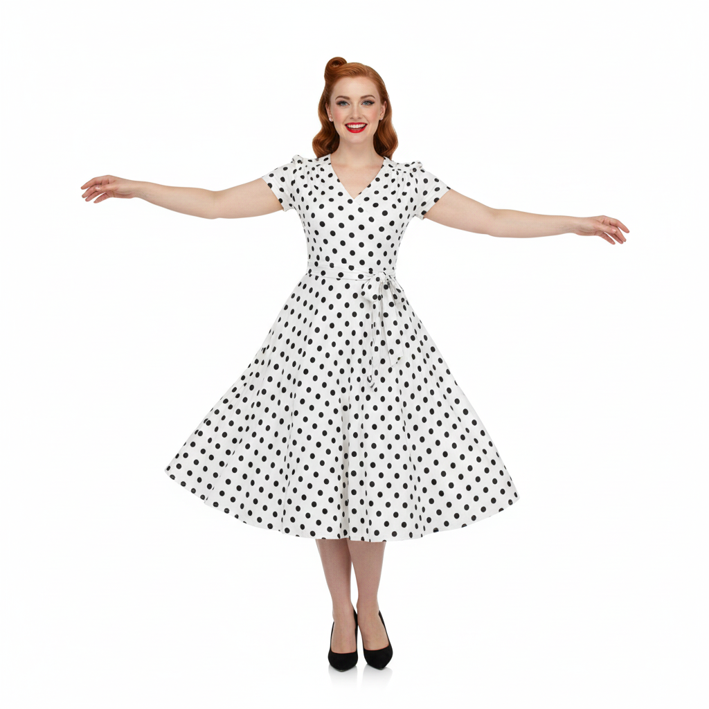 White & Black Polka Dot Cap Sleeve Fit And Flare Midi Dress