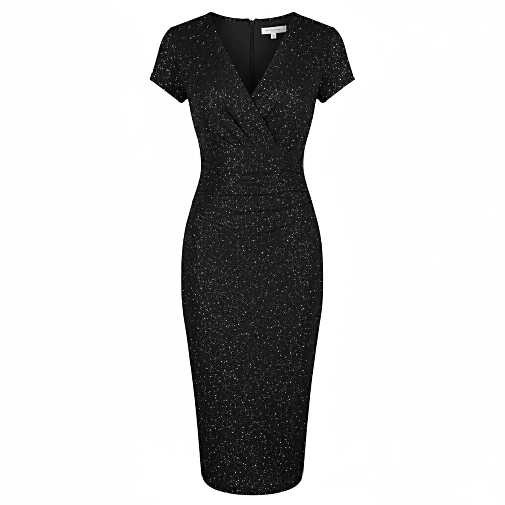 Black Glitter Sparkle Deep V Cap Sleeve Bodycon Ruched Waist Wiggle Dress